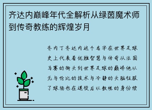 齐达内巅峰年代全解析从绿茵魔术师到传奇教练的辉煌岁月 齐达内巅峰年代全解析从绿茵魔术师到传奇教练的辉煌岁月