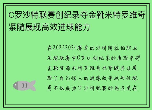 C罗沙特联赛创纪录夺金靴米特罗维奇紧随展现高效进球能力