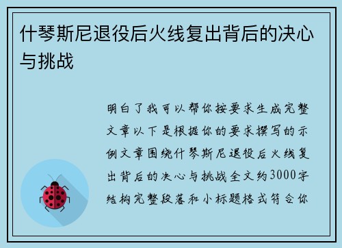 什琴斯尼退役后火线复出背后的决心与挑战