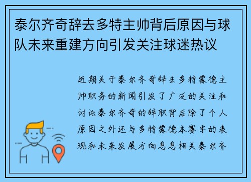 泰尔齐奇辞去多特主帅背后原因与球队未来重建方向引发关注球迷热议